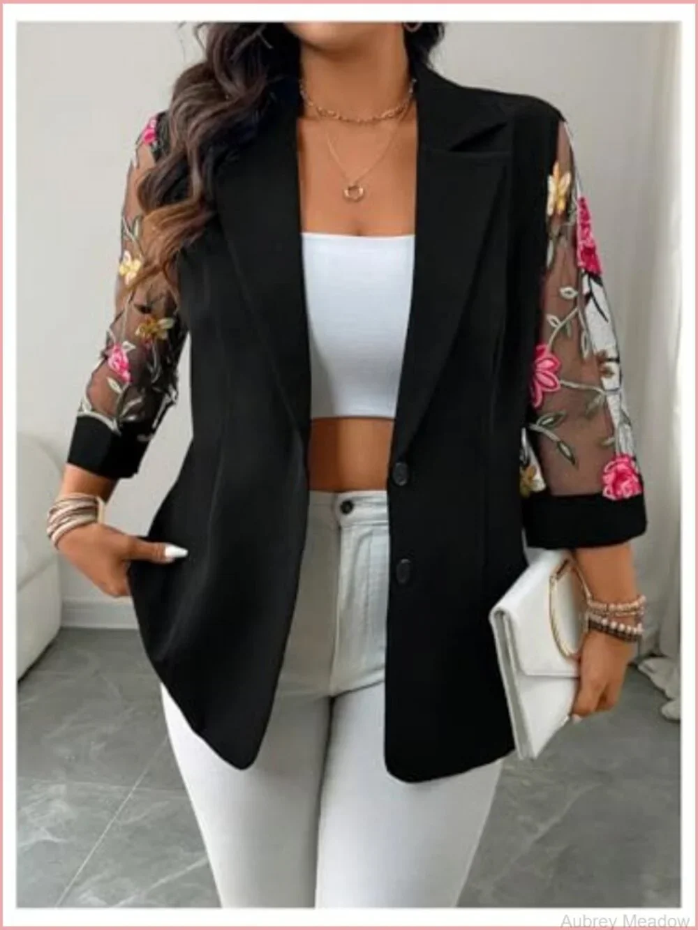 Plus Size Floral Embroidered Mesh Button Down Blazer 3/4 Sleeve